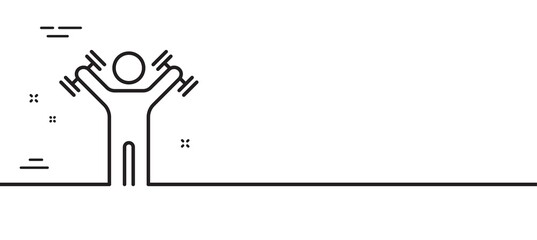 Man with Dumbbells line icon. Workout equipment sign. Gym fit symbol. Minimal line illustration background. Dumbbells workout line icon pattern banner. White web template concept. Vector