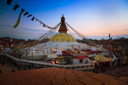 Nepal, Bagmati Province, Kathmandu, Boudhanath stupa at dusk