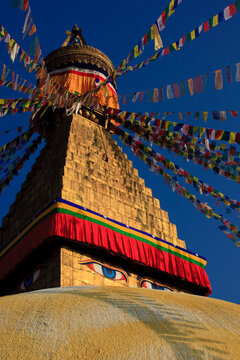 Nepal,BagmatiProvince, Kathmandu, Prayer flags hanging from top ofBoudhanathstupa