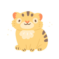 Cute character sitting tiger cub in cartoon style. Illustration isolated on background.