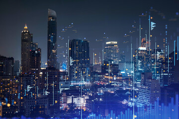 Obraz na płótnie Canvas Stock market graph hologram, night panorama city view of Bangkok, popular location to gain financial education in Southeast Asia. The concept of international research. Double exposure.