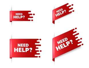 Need help text. Red ribbon tag banners set. Support service sign. Faq information symbol. Need help sticker ribbon badge banner. Red sale label. Vector