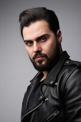 Vertical portrait of bearded young man, wearing leather jacket. Isolated.