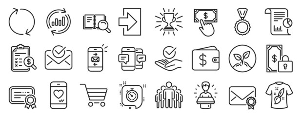 Set of line icons, such as Refresh, Approved mail, Dollar wallet icons. Approved, Medal, Private payment signs. Group, Accounting report, Report. T-shirt design, Certificate, Trophy. Timer. Vector