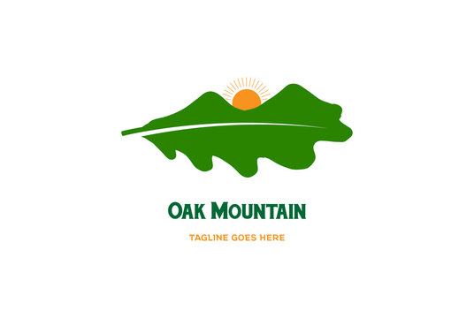 Oak Leaf with Sunrise Mountain Logo Design Vector