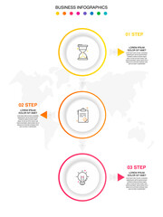 Vector line infographics template for three arrows and circles. Business concept with 3 elements and icons. Modern blank space for chart, content, step for step, timeline, diagram, web