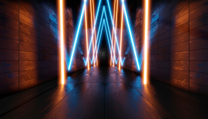 Three dimensional render of dark corridor illuminated with orange and blue neon lighting