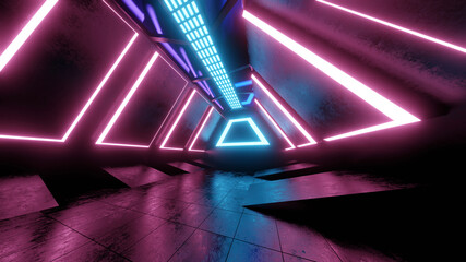 Three dimensional render of dark corridor illuminated with pink and blue neon lighting