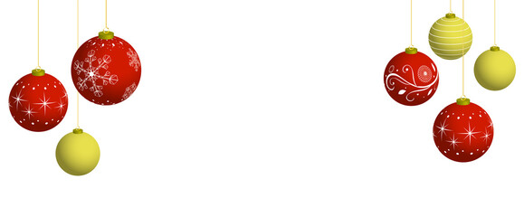 赤と金色のクリスマスボールが白背景に並んだ横長のイラスト