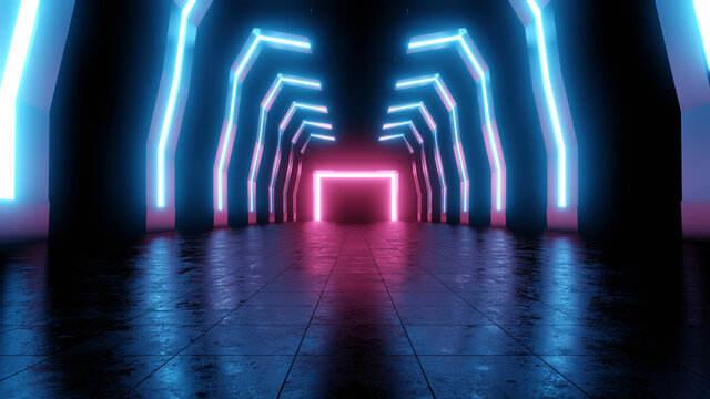 Three dimensional render of dark corridor illuminated with pink and blue neon lighting