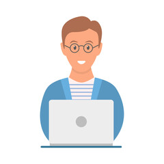 Freelancer or businessman working on laptop. Young student with glasses. Work at home. Freelance concept. Cute boy study at home. Vector illustration isolated on white.