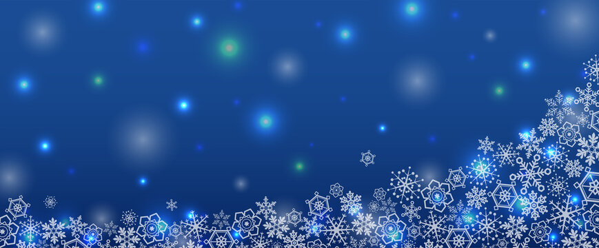 イルミネーションのようにキラキラ光る雪の結晶と星、夜空のイラスト