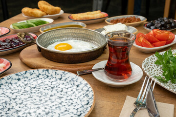 Breakfast table. Traditional Turkish Breakfast Table (Serpme Kahvaltı). Turkish style breakfast.