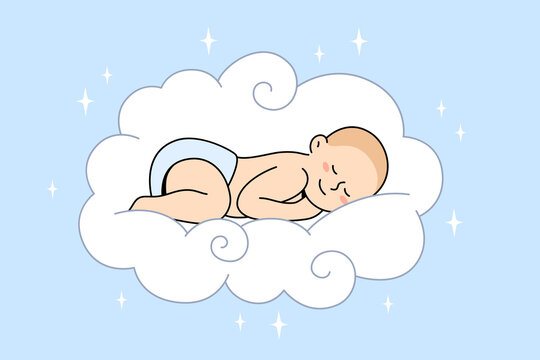 Happy childhood and sweet dreams concept. Small baby infant sleeping like angel in sweet white fluffy cloud having sweet dreams vector illustration 