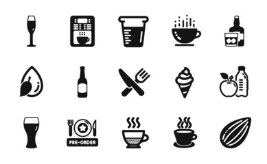 Vector set of Beer glass, Water drop and Pre-order food icons simple set. Ice cream, Tea cup and Beer icons. Almond nut, Coffee maker and Food signs. Coffee cup, Doppio and Whiskey glass. Vector