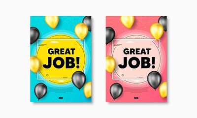 Great job text. Flyer posters with realistic balloons cover. Recruitment agency sign. Hire employees symbol. Great job text frame poster banners. Balloons cover. Vector