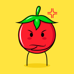 cute tomato character with angry expression. green, red and yellow. suitable for emoticon, logo, mascot. one hand on chin