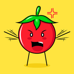 Obraz premium cute tomato character with angry expression. green, red and yellow. suitable for emoticon, logo, mascot. both hands raised and mouth open