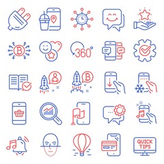Technology icons set. Included icon as Approved documentation, Data analysis, Bitcoin system signs. Loyalty program, Refrigerator app, Smartphone buying symbols. Employees messenger, Smile. Vector