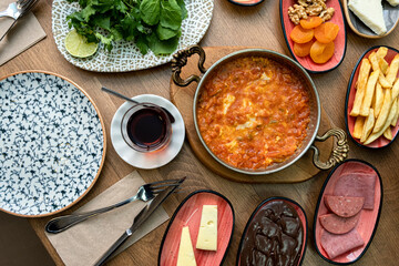 Breakfast table. Traditional Turkish Breakfast Table (Serpme Kahvaltı). Turkish style breakfast.