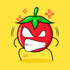 cute tomato character with angry expression. eyes bulging and grinning. green, red and yellow. suitable for emoticon, logo, mascot