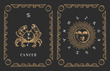 Cancer zodiac symbo in vector, old horoscope card.