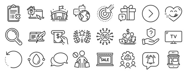 Set of Business icons, such as Recovery data, Protection shield, Notification bubble icons. Targeting, Research, Sale signs. 5g technology, Marketplace, Tv. Forward, Engineering team. Vector
