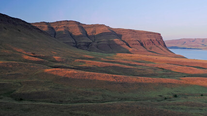 Oglakhty Reserve, Khakassia, beautiful landscape with sunset, aerial view, drone, Russia