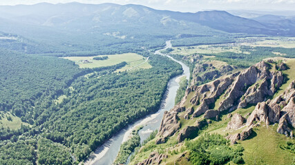 Fototapeta na wymiar Beautiful panorama of mountains, mountain river, Nature of Russia, Taiga, Trail of the Ancestors, Yenisei river, Khakassia, Russia