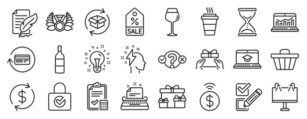 Set of line icons, such as Wine bottle, Shop cart, Laureate medal icons. Idea, Refund commission, Give present signs. Usd exchange, Web analytics, Quiz test. Bordeaux glass, Checkbox. Vector