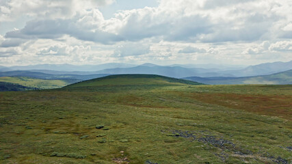 Beautiful high mountain lakes, Glacier over a mountain lake, Drone, Aerial view, Ivanovskie lakes, Khakassia, Russia