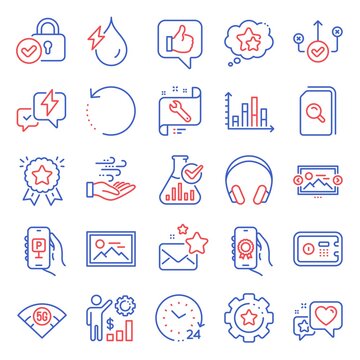 Technology icons set. Included icon as Ranking star, Correct way, Headphones signs. Ranking stars, Settings gear, Like symbols. Recovery data, Diagram graph, Safe box. Chemistry lab, Heart. Vector