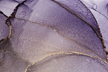 Purple marble with gold stripes alcohol ink painting. Luxury violet black watercolor background with golden brush strokes. Vector illustration of grey watercolour art design for wedding invitation