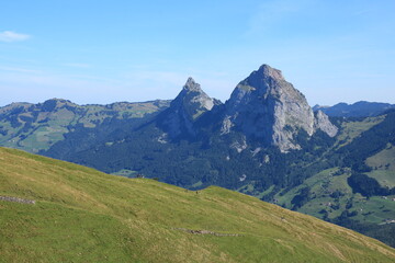 Fototapeta na wymiar Mountains Grosser Mythen and Kleiner Mythen seen from Stoos.