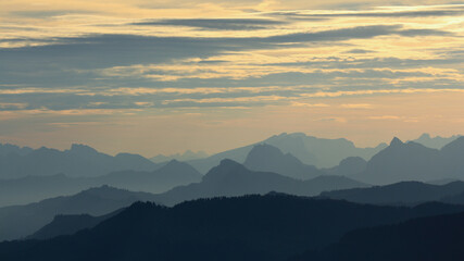 Mystic summer morning.Swiss mountains at sunrise.