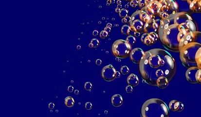 Soap bubbles composition on dark blue abstract 3d render illustration