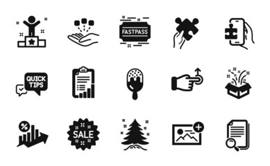 Vector set of Loan percent, Winner and Gift icons simple set. Ice cream, Puzzle game and Fastpass icons. Add photo, Consolidation and Puzzle signs. Sale, Search file and Quick tips. Vector