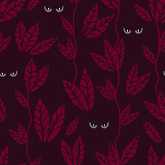Seamless vector pattern with night forest with eyes on red background. Scary animal jungle wallpaper design. Decorative looking eye fashion textile.