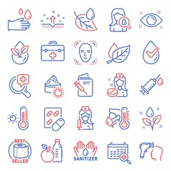 Healthcare icons set. Included icon as Sick man, Toilet paper, Health eye signs. Sun cream, Plants watering, Nurse symbols. Medical syringe, Vaccination passport, Capsule pill. Clean skin. Vector