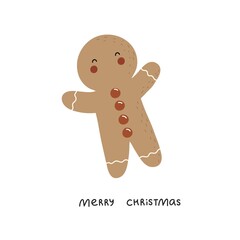 Merry Christmas. Cartoon gingerbread man, hand drawing lettering. holiday theme. Colorful vector illustration, flat style. design for greeting cards, print, poster
