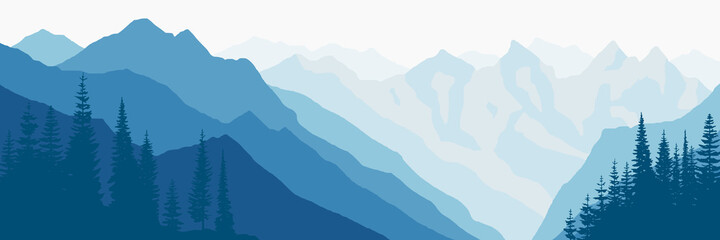 Vector illustration of mountains, ridge in the morning haze, panoramic view	
