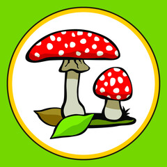 Drawn red amanita mushrooms with leaf. Vector illustration.
