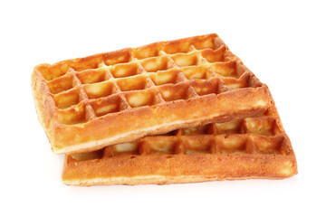 Two delicious Belgian waffles on white background