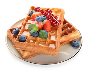 Delicious Belgian waffles with berries on white background