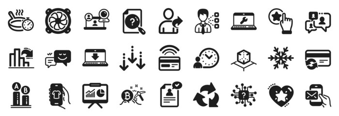 Set of Technology icons, such as Bitcoin mining, Happy emotion, Computer fan icons. Frying pan, Time management, Video conference signs. Internet downloading, Support chat, Presentation. Vector
