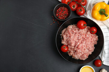 Raw chicken minced meat and ingredients on black table, flat lay. Space for text