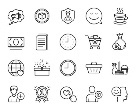 Vector set of International love, Time and Good mood line icons set. Like button, Parcel tracking and Security icons. Reward, Smile and Copy files signs. International love web symbol. Vector