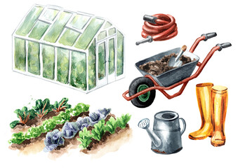 Garden greenhouse and garden tools set. Spring works in the garden,. Hand drawn watercolor illustration isolated on white background © dariaustiugova