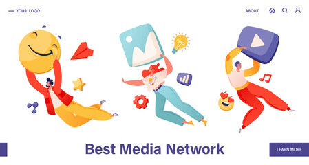 Concept of PR, advertising, marketing on Internet and social networks for landing page. Web site design with vector illustration in cartoon flat style. People floating in air holding on to icons emoji