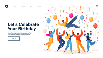 Landing page concept with birthday party theme. People celebrate reaching victory. Birthday celebration with friends. Flat cartoon style vector characters of men and women tossing man in air. 